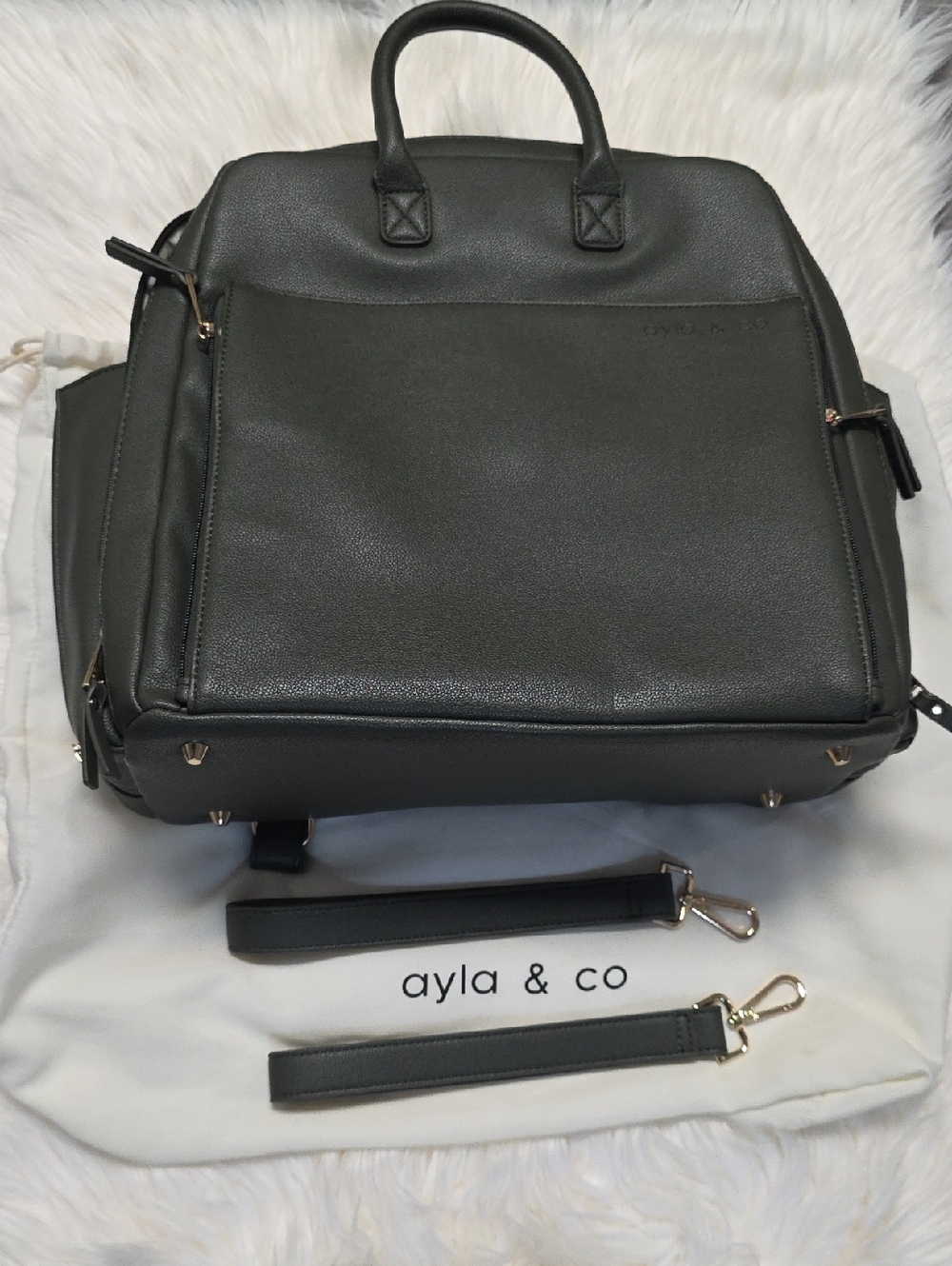 Ayla & Co Olive Vegan Leather Diaper Bag Backpack